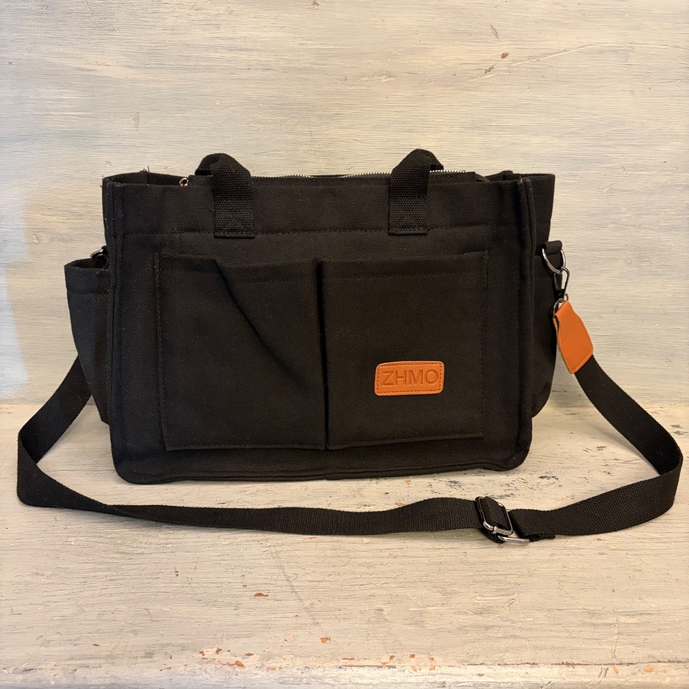 ZHMO Black Canvas Shoulder Tote Bag with Faux Leather Accents Good Condition